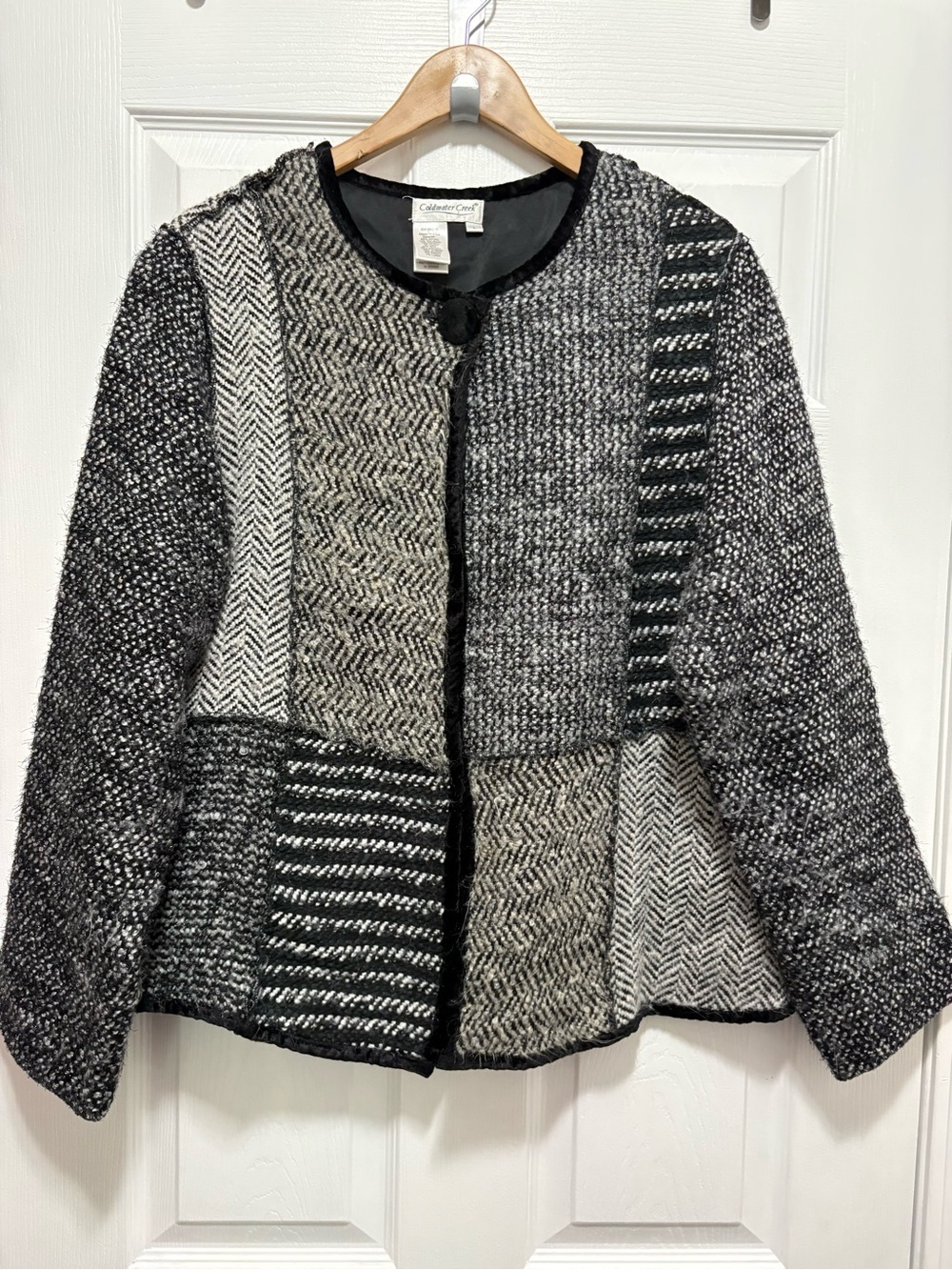 Coldwater Creek Patchwork Tweed Jacket Large Black White Metallic Collarless